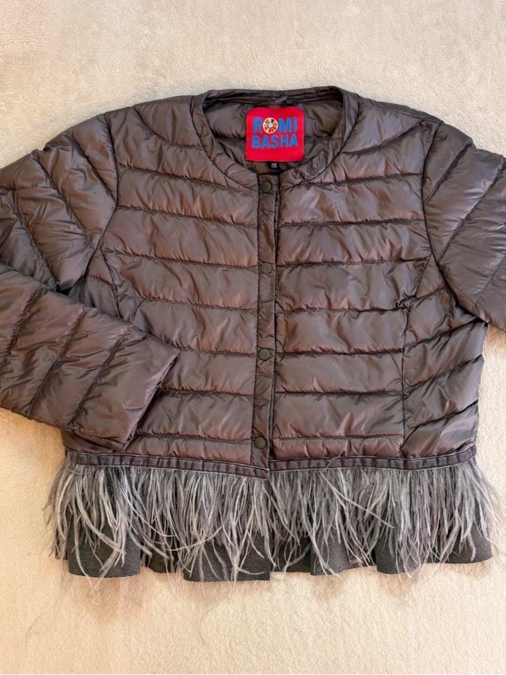 Romi Basha Women's Gray Feather-Hem Quilted Puffer Jacket Sz S/M